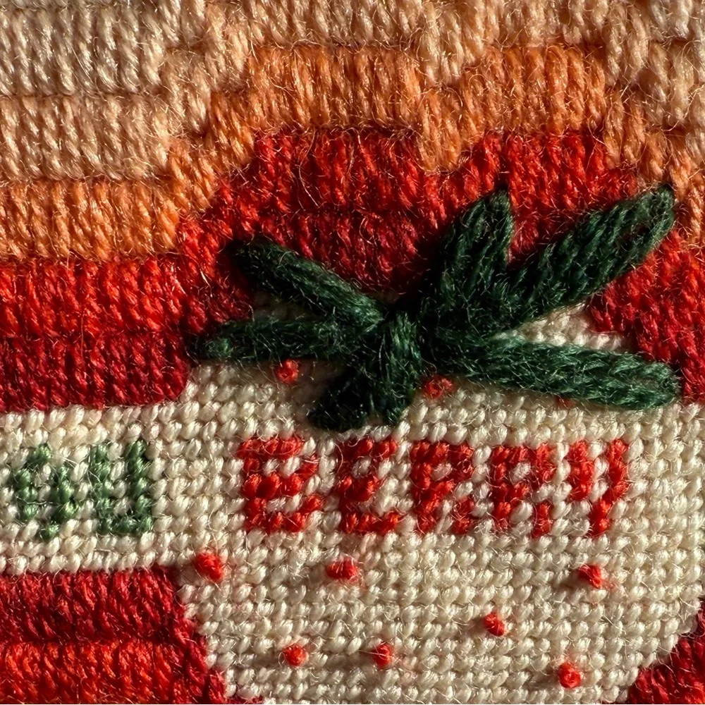 Strawberry Embroidered Pillow cottage core, grannycore  handmade raffled‎